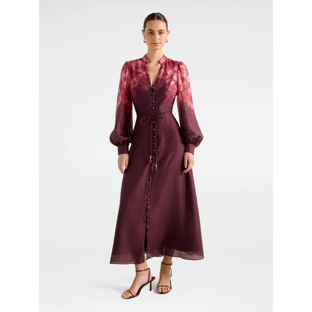 Forever New Camilla Long Sleeve Printed Midi Dress Plum Berry Floral Size 8